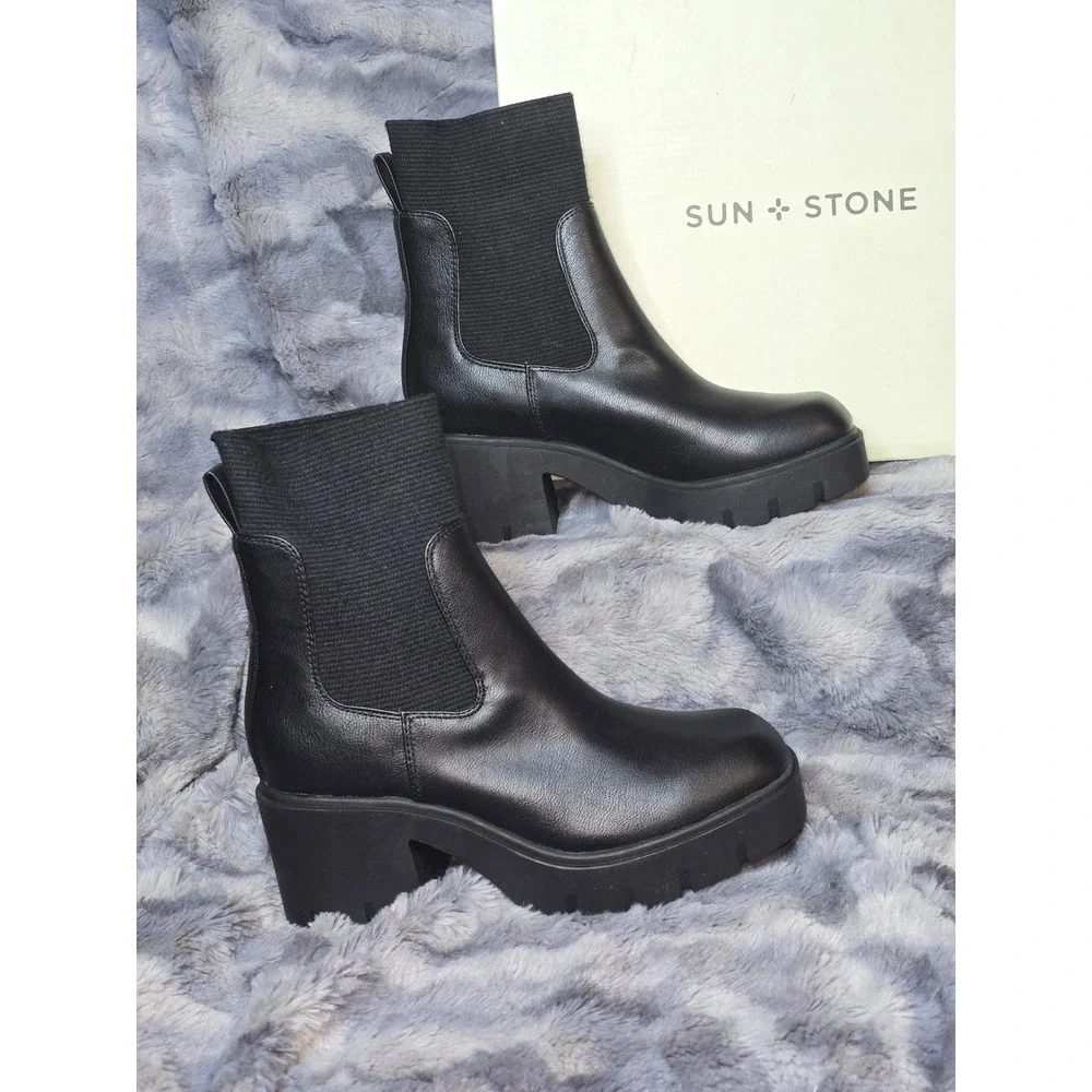 NWB Sun & Stone Verityy Black Chelsea Lug Sole Platform Boots Size‎ 6.5